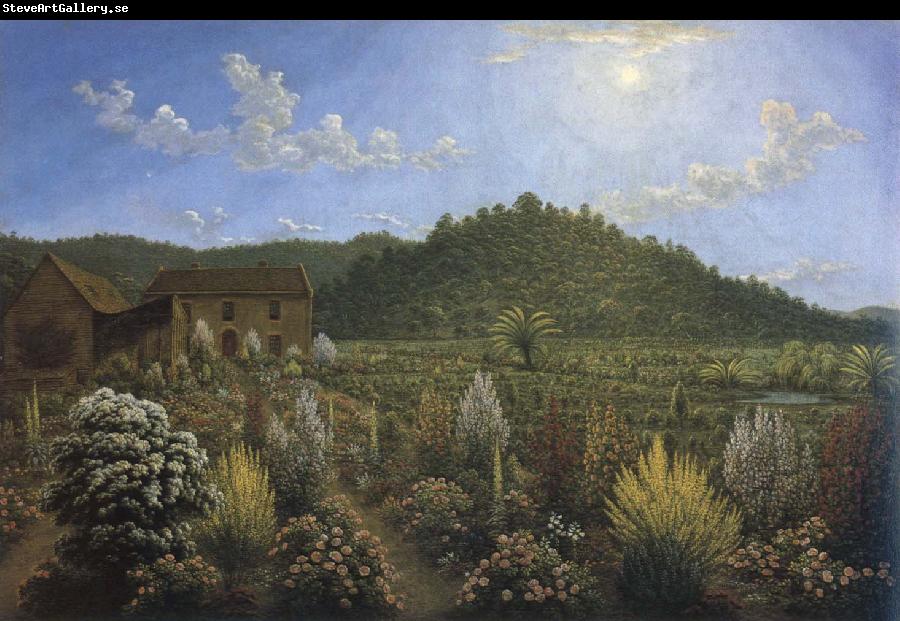 John glover a view of the artist s house and garden in mills plains,van diemen s land